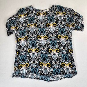 HM Womens Art Deco Floral Blouse Black Teal Yellow Viscose Size 4 Short Sleeve